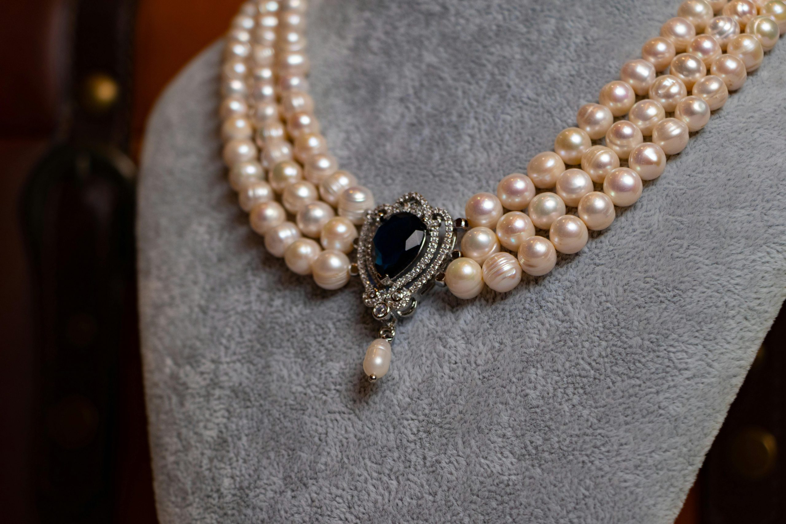 Imperial Three-Row Pearl & Sapphire Pendant Necklace